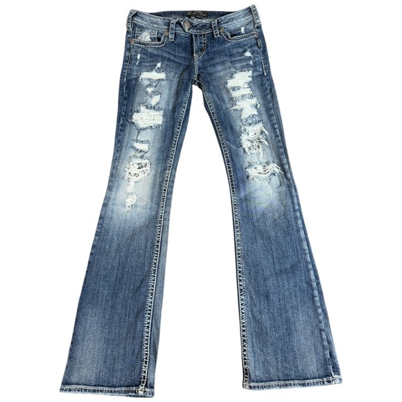 VTG Silver Jeans Tuesday Boot Womens 29x33 Blue Denim Distressed Low Rise Jeans - Picture 1 of 3